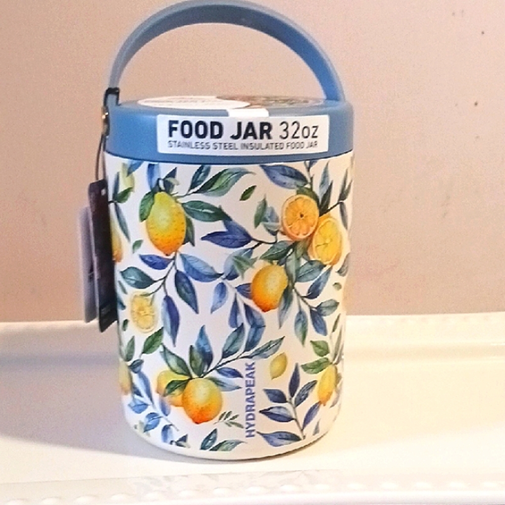 Hydrapeak 32oz Blue 🍋 Lemon-Print Stainless Steel Insulated Food Jar 🍋🌱🍋